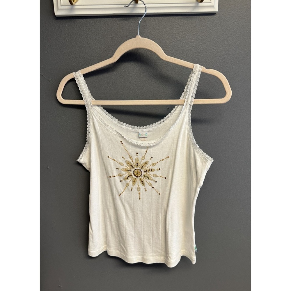 Vintage Route Womens Size M Tank Top 90s Y2K Earthy Lace Trim Sequin Girly